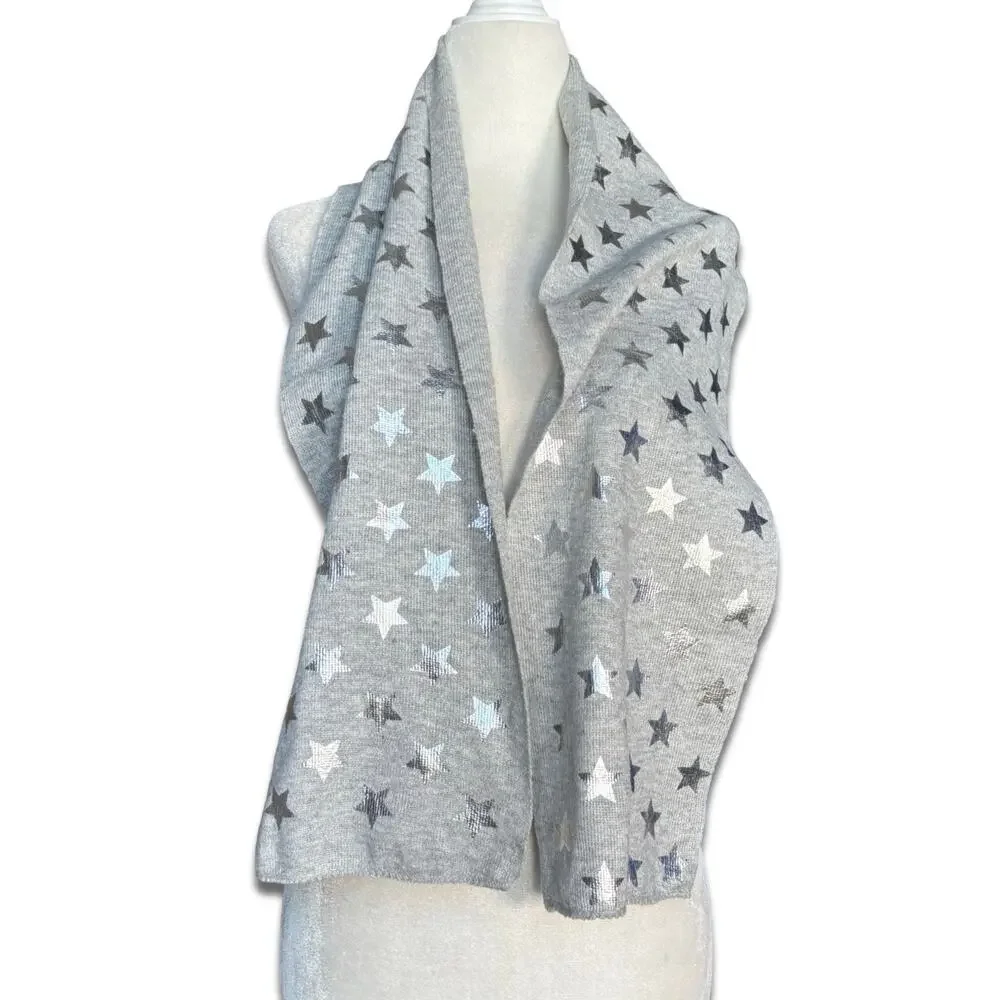 Gray Star Print Knit Scarf Soft Lightweight Neutral Silver Metallic Warm Winter
